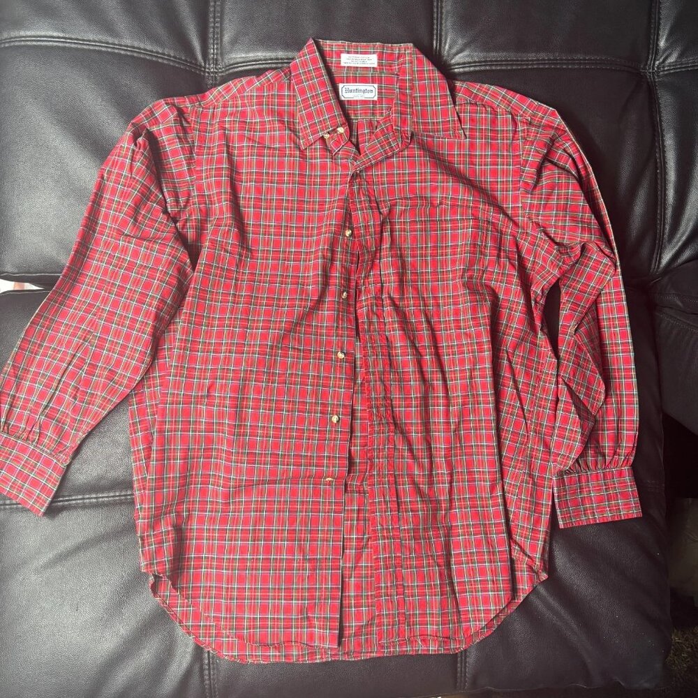 Vintage Huntington Men's Dress‎ Shirt Red Plaid Egyptian Cotton Size 16.5-34